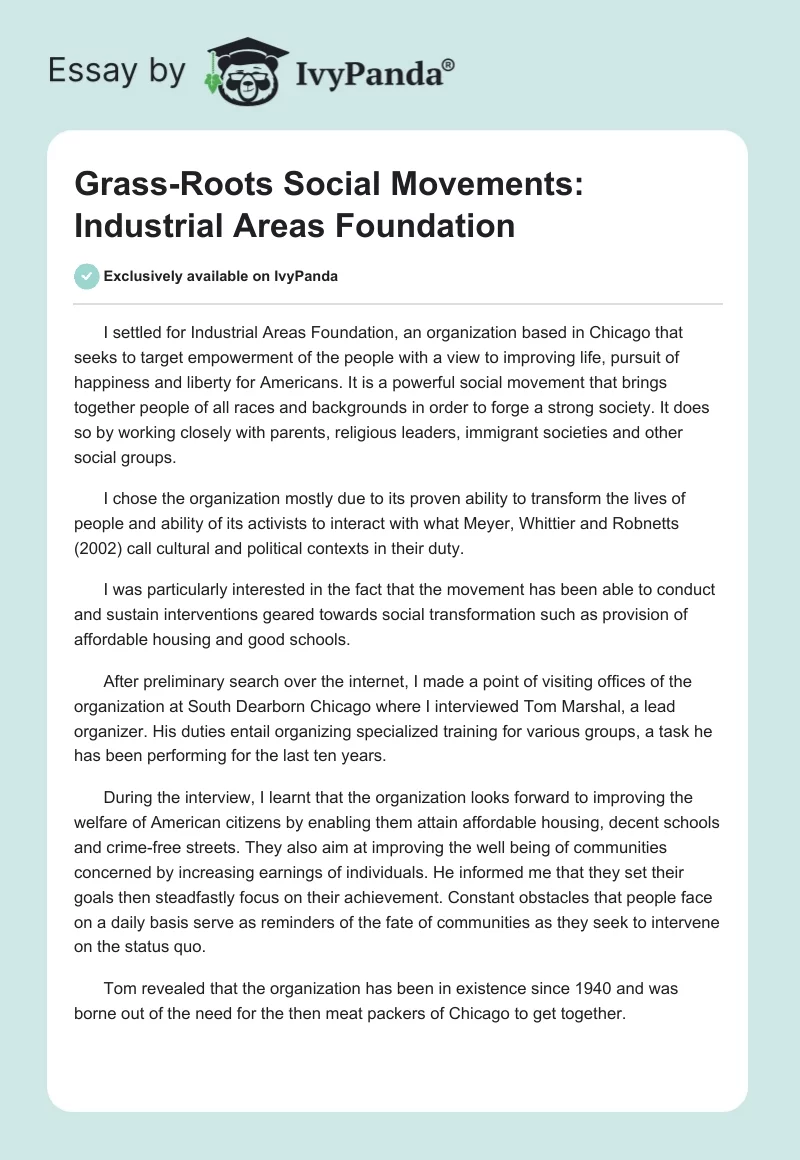 Grass-Roots Social Movements: Industrial Areas Foundation. Page 1