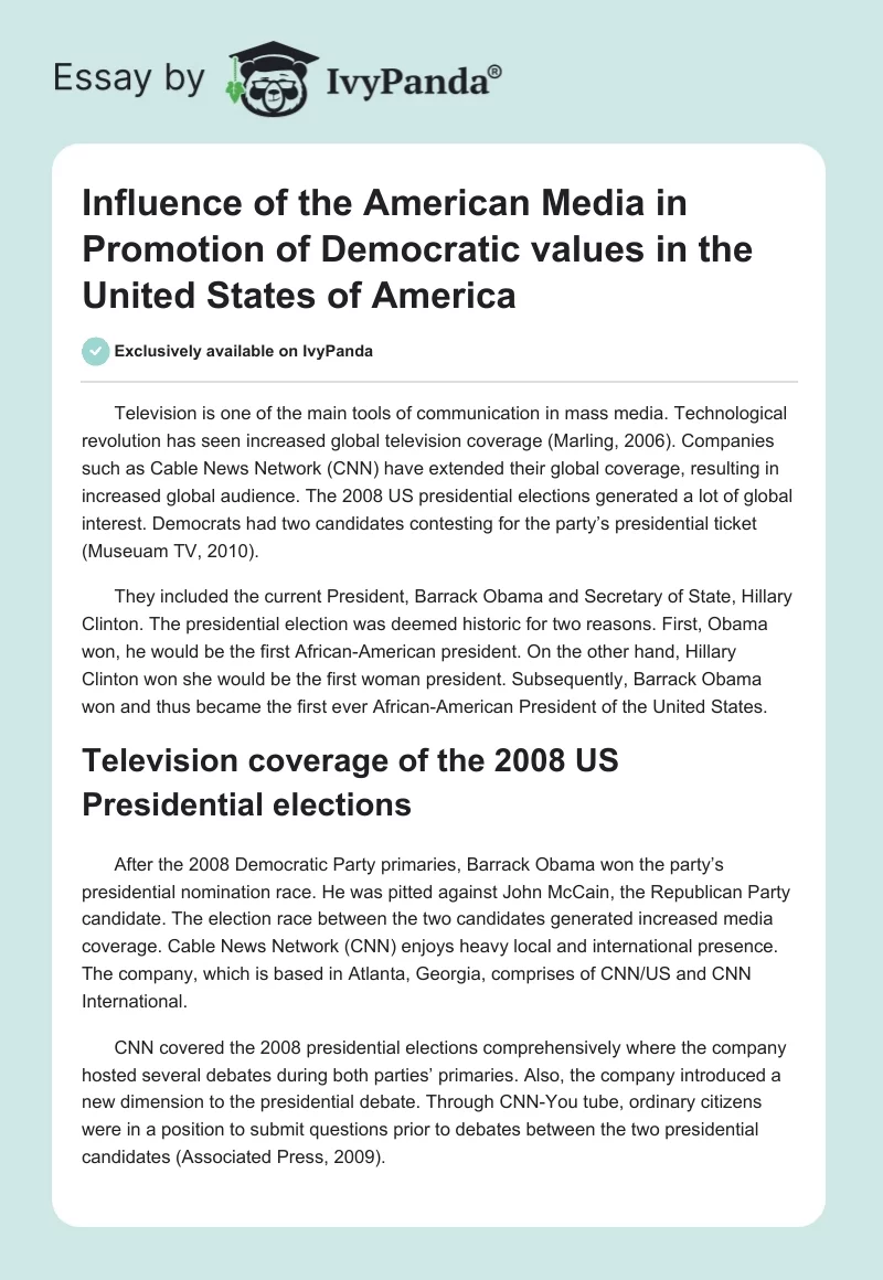 Influence of the American Media in Promotion of Democratic Values in the United States of America. Page 1
