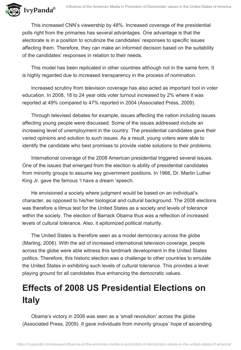 Influence of the American Media in Promotion of Democratic Values in the United States of America. Page 2
