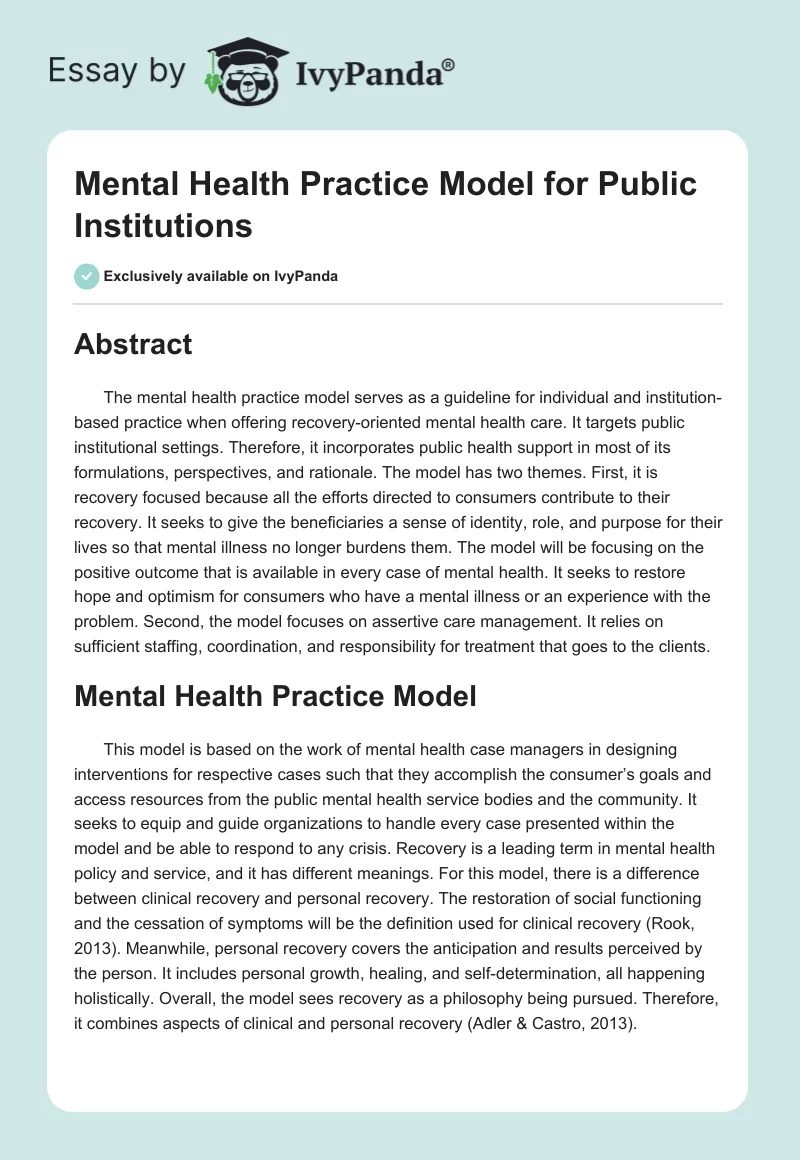 Mental Health Practice Model for Public Institutions. Page 1