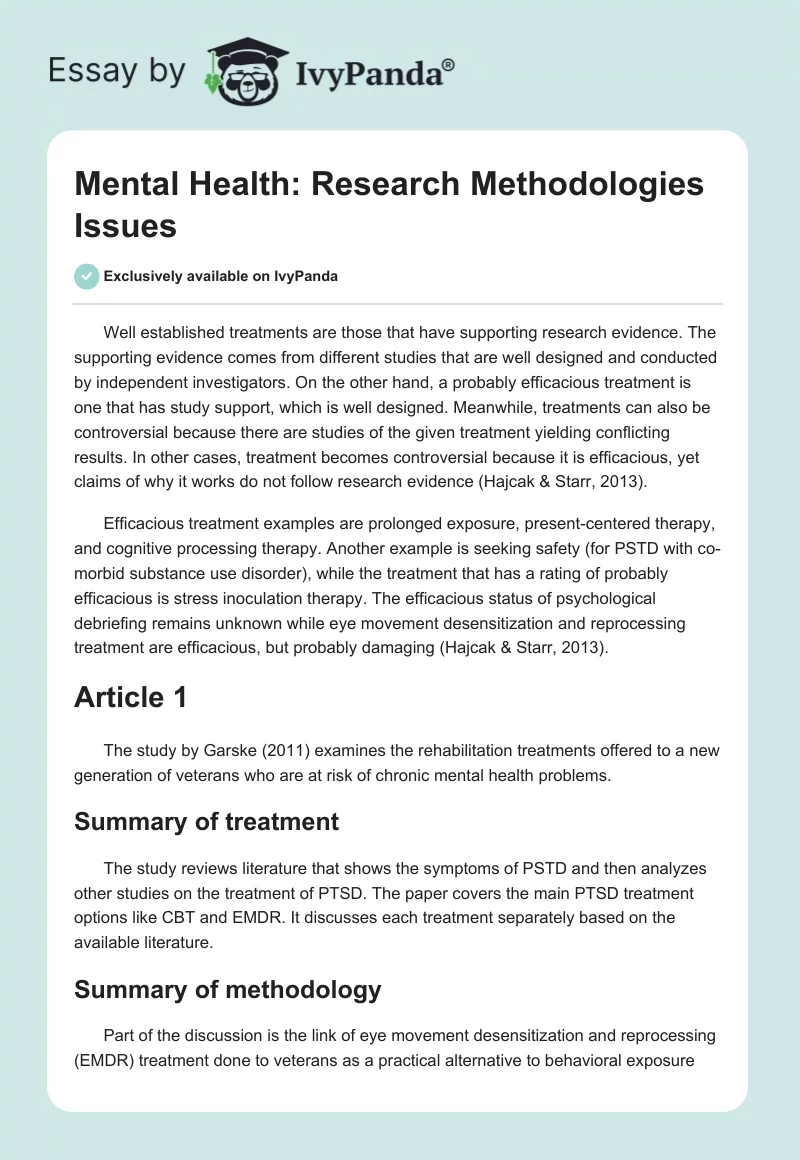 Mental Health: Research Methodologies Issues. Page 1