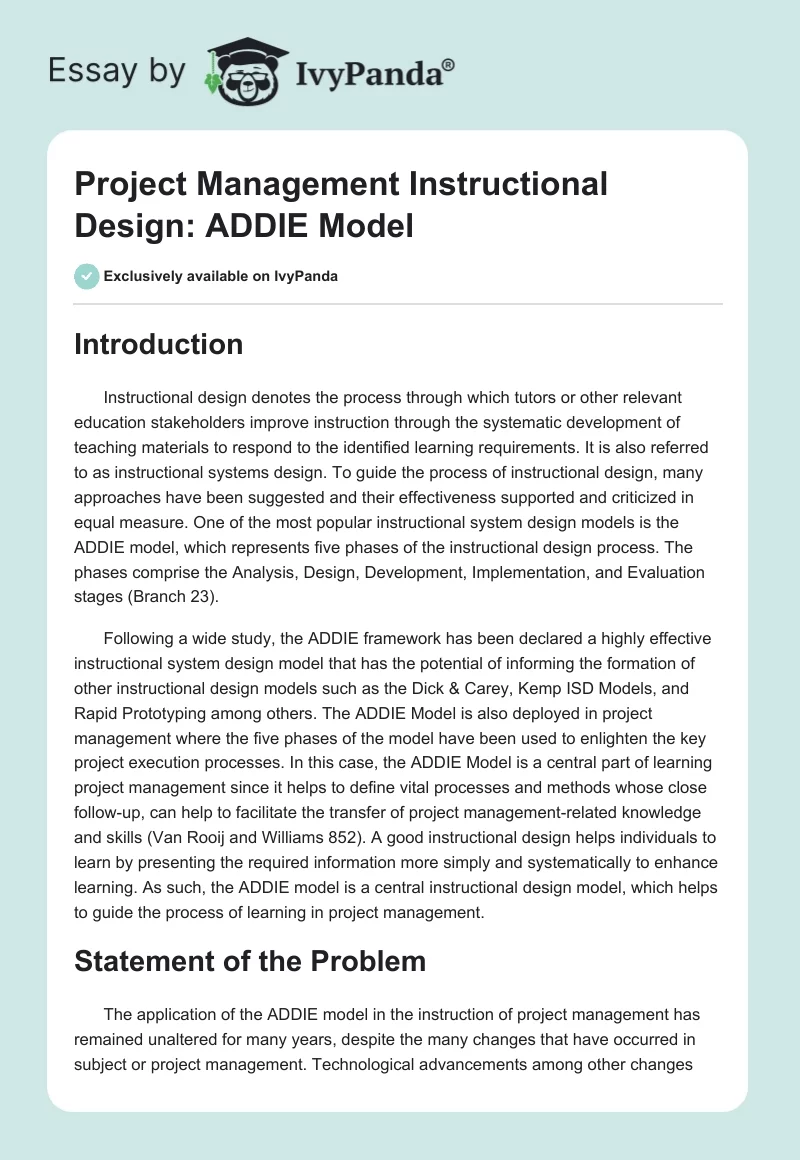 Project Management Instructional Design: ADDIE Model. Page 1