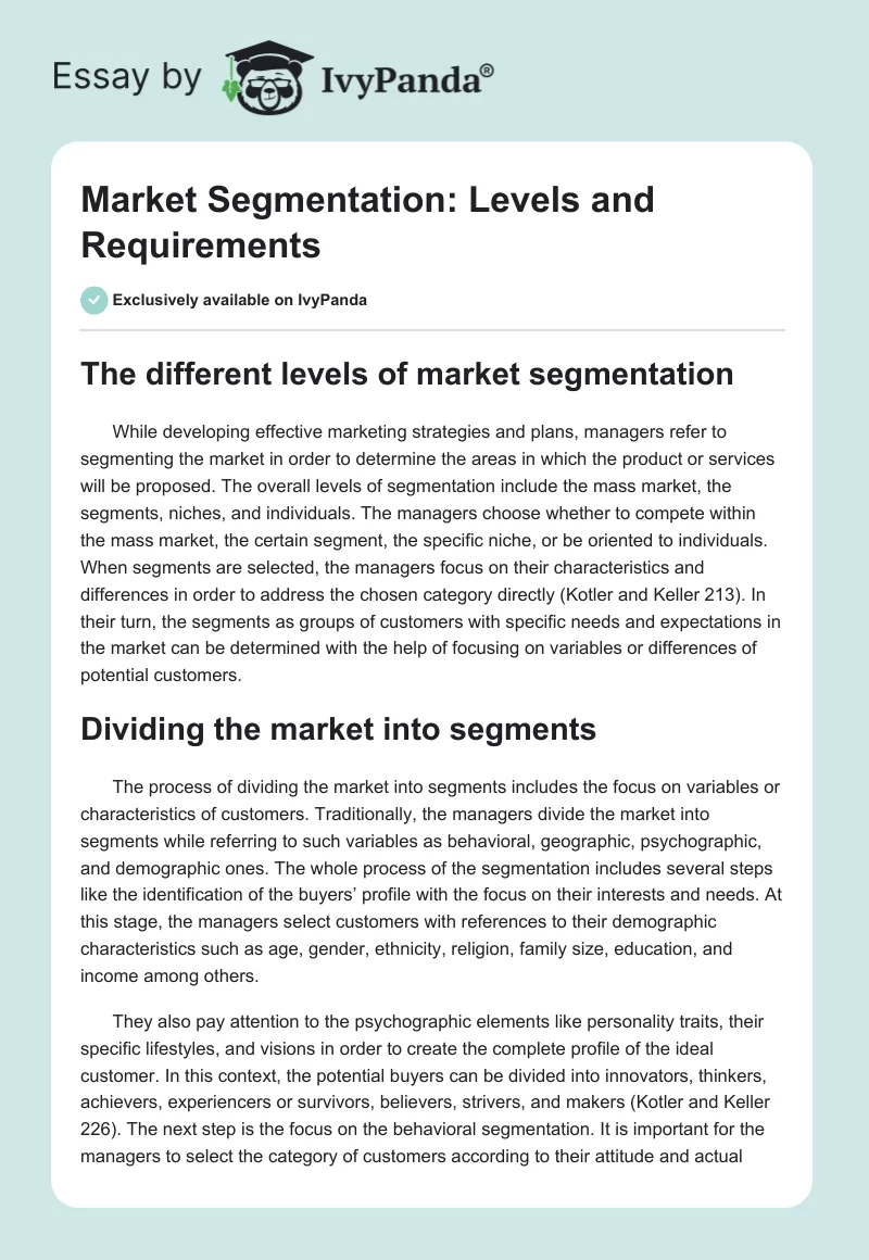 Market Segmentation: Levels and Requirements. Page 1