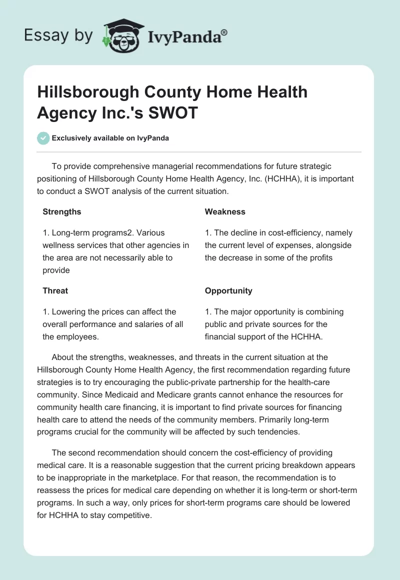 Hillsborough County Home Health Agency Inc.'s SWOT. Page 1