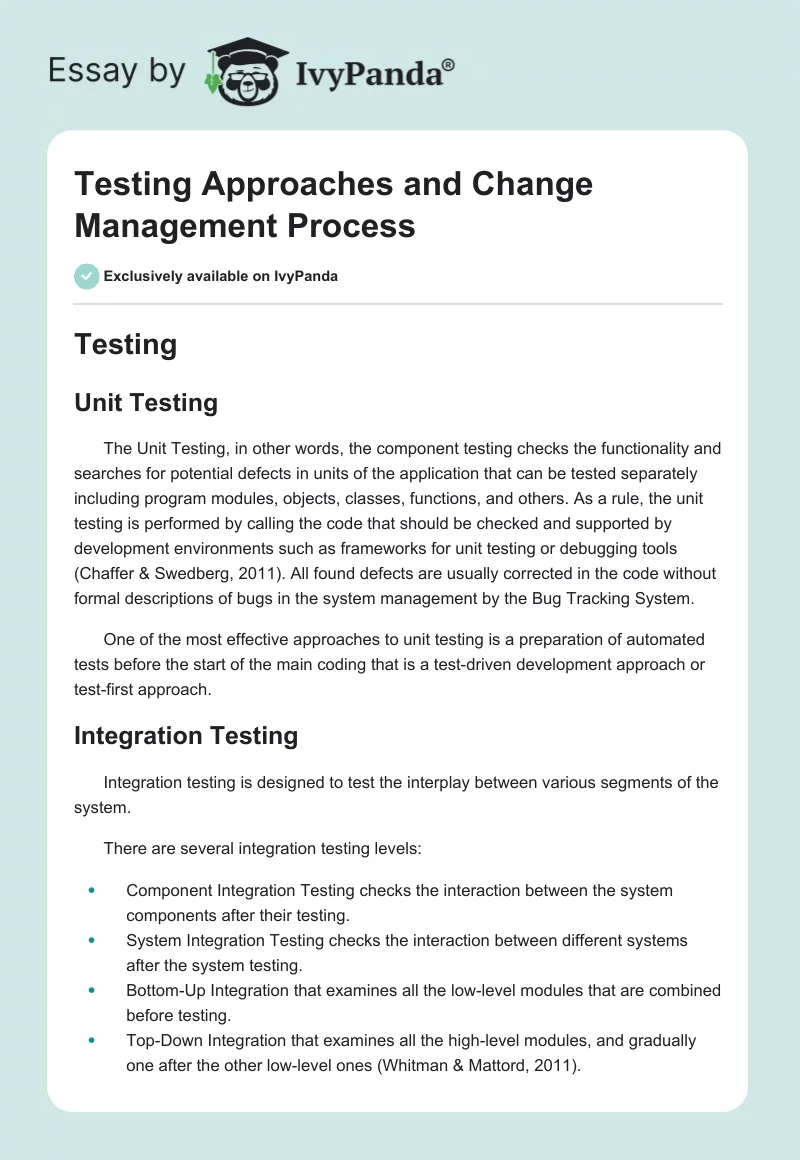Testing Approaches and Change Management Process. Page 1