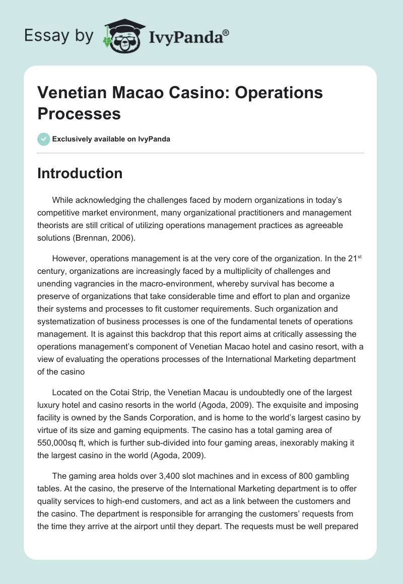 Venetian Macao Casino: Operations Processes. Page 1
