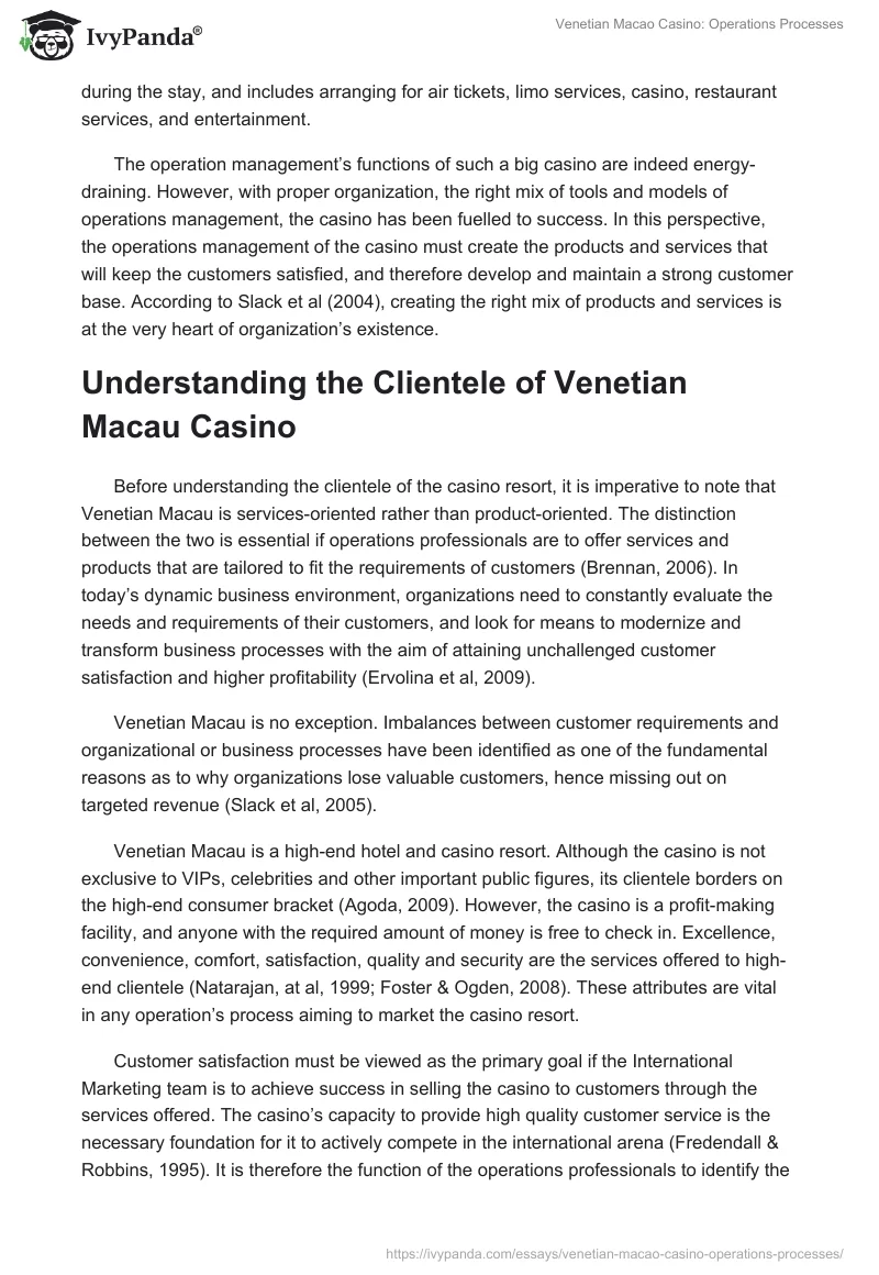 Venetian Macao Casino: Operations Processes. Page 2