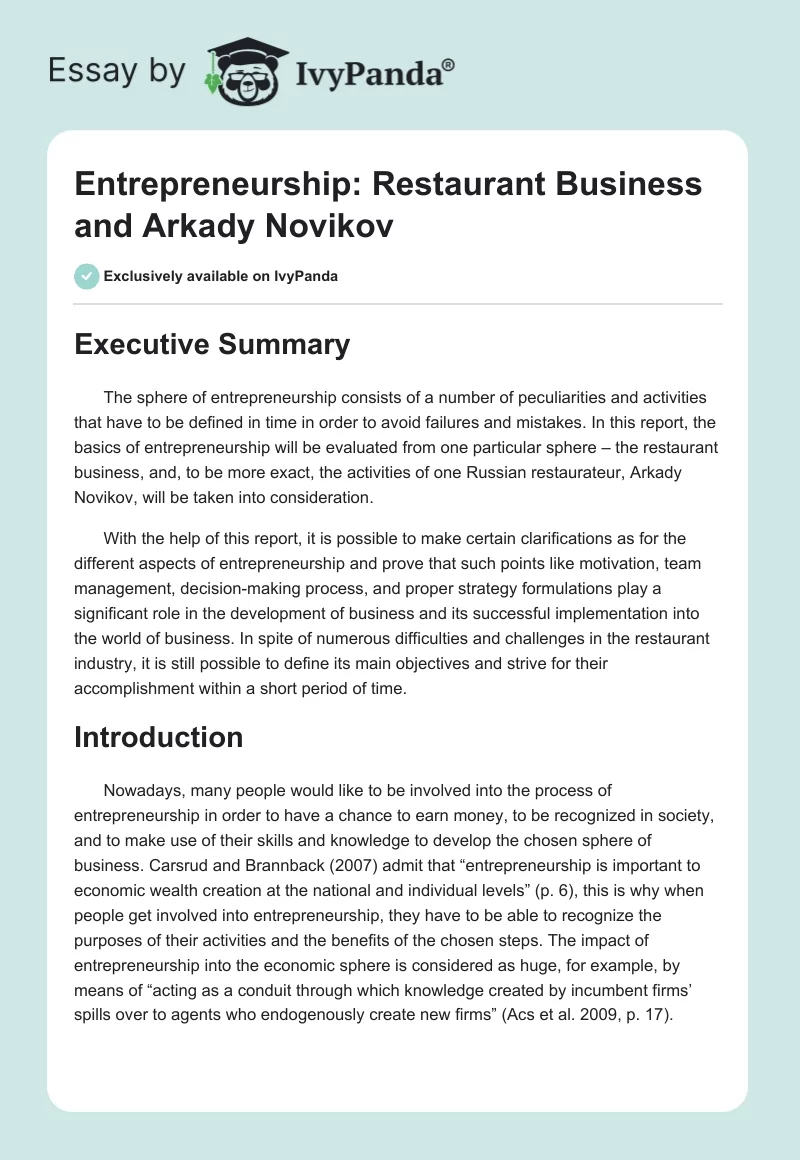Entrepreneurship: Restaurant Business and Arkady Novikov. Page 1