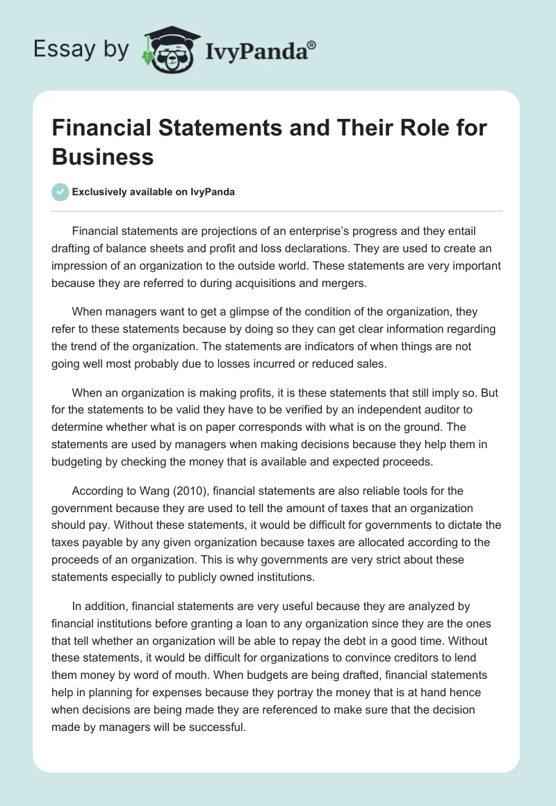 Financial Statements and Their Role for Business. Page 1