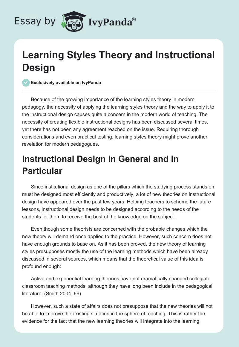 Learning Styles Theory and Instructional Design. Page 1