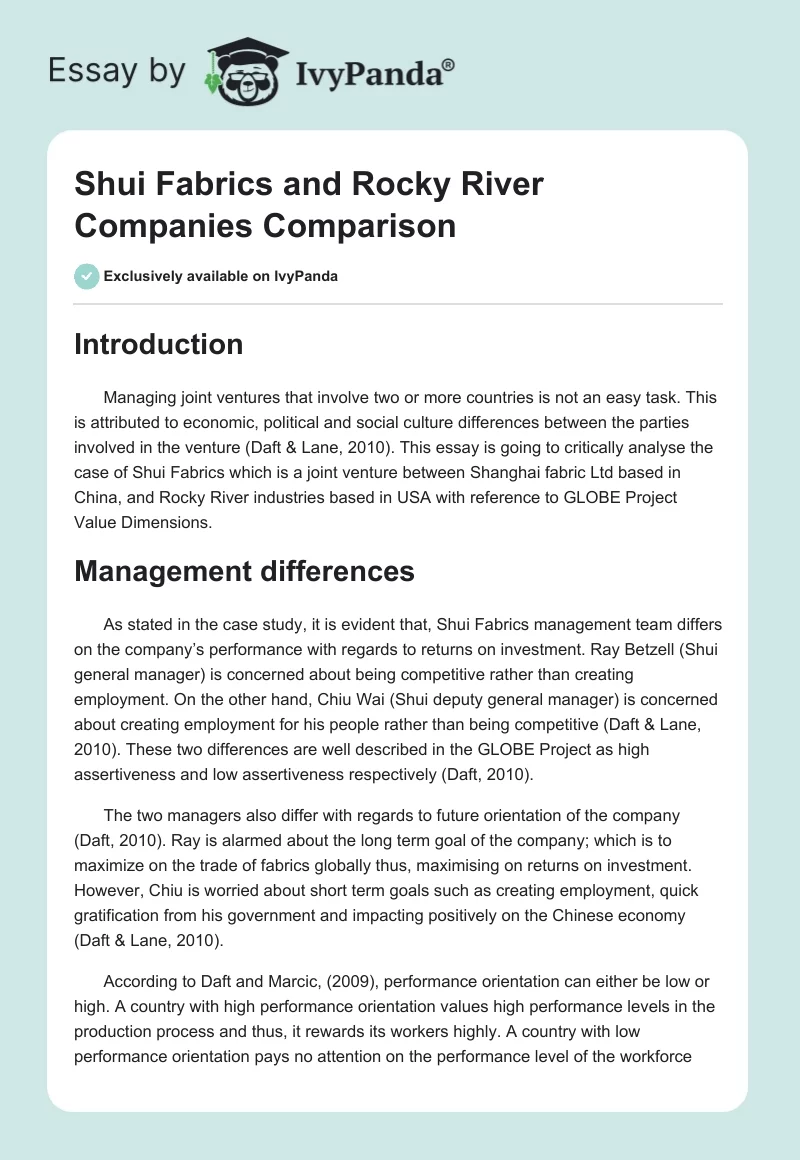 Shui Fabrics and Rocky River Companies Comparison. Page 1