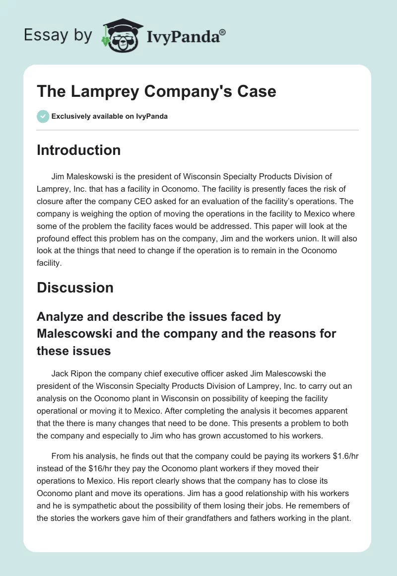 The Lamprey Company's Case. Page 1