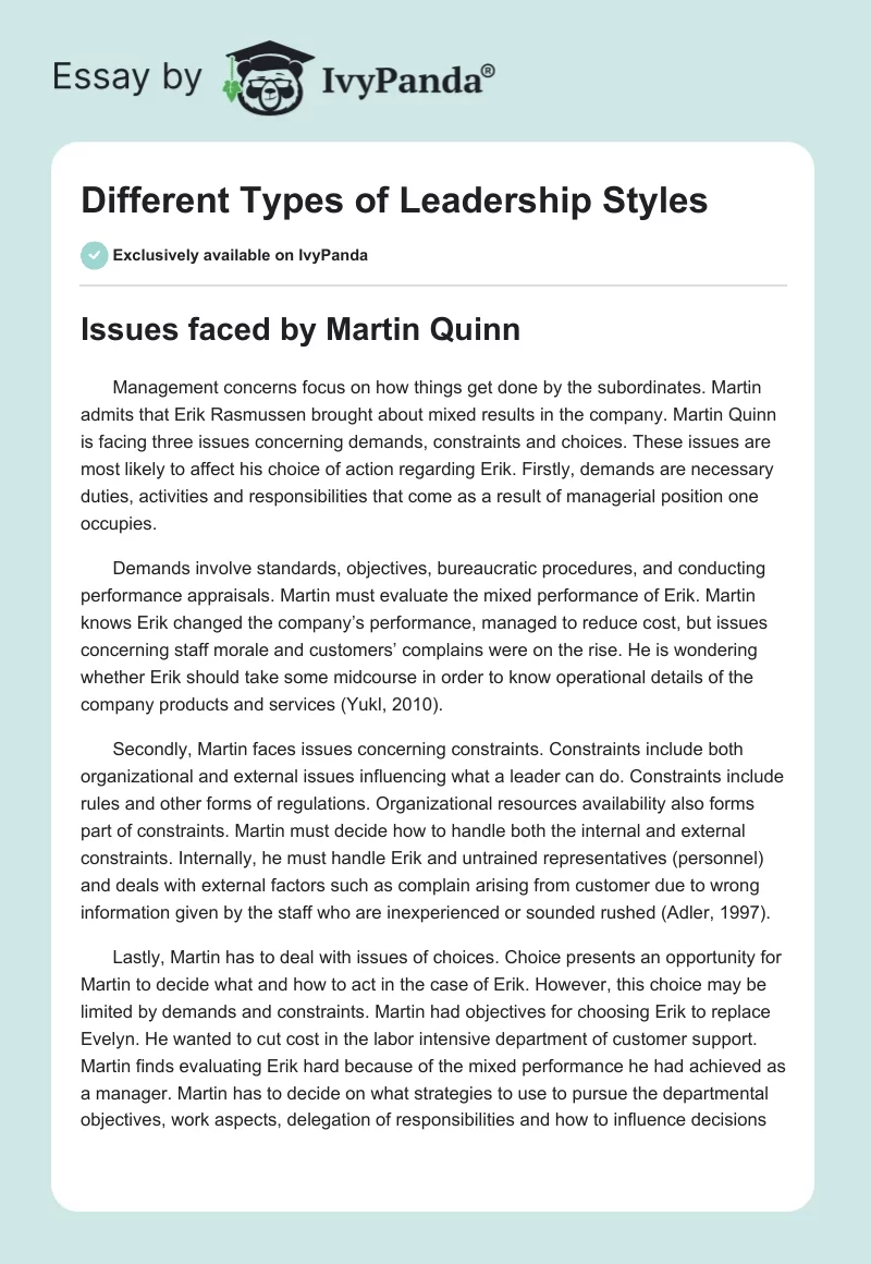 Different Types of Leadership Styles. Page 1
