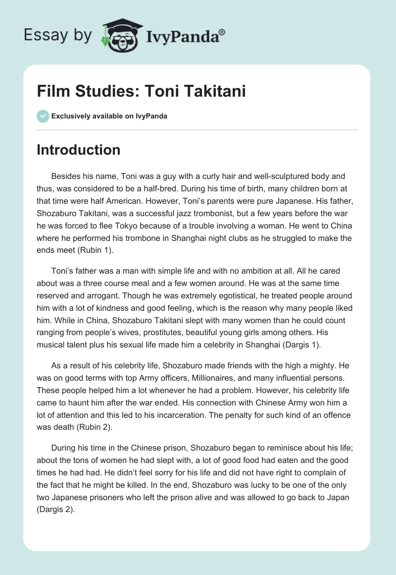 Film Studies: "Toni Takitani". Page 1