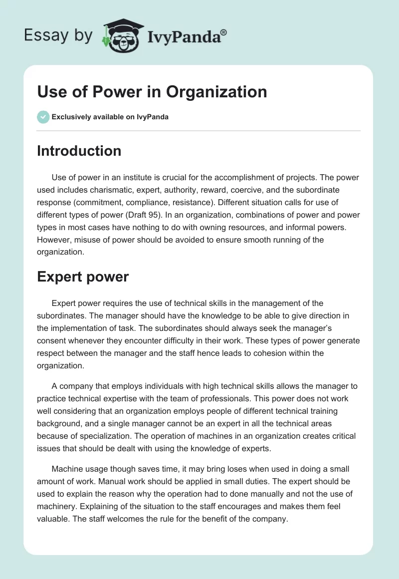 Use of Power in Organization. Page 1