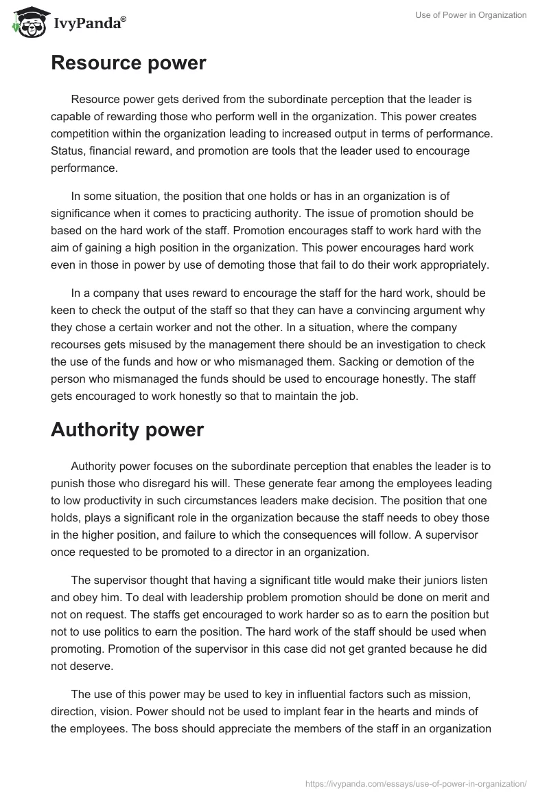 Use of Power in Organization. Page 2