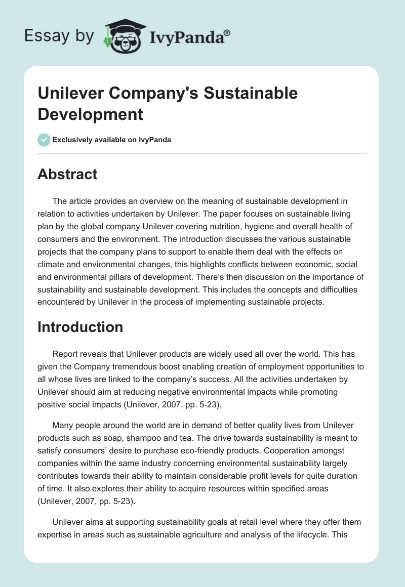 Unilever Company's Sustainable Development. Page 1