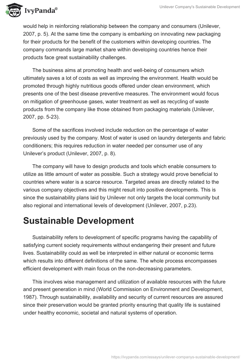 Unilever Company's Sustainable Development. Page 2