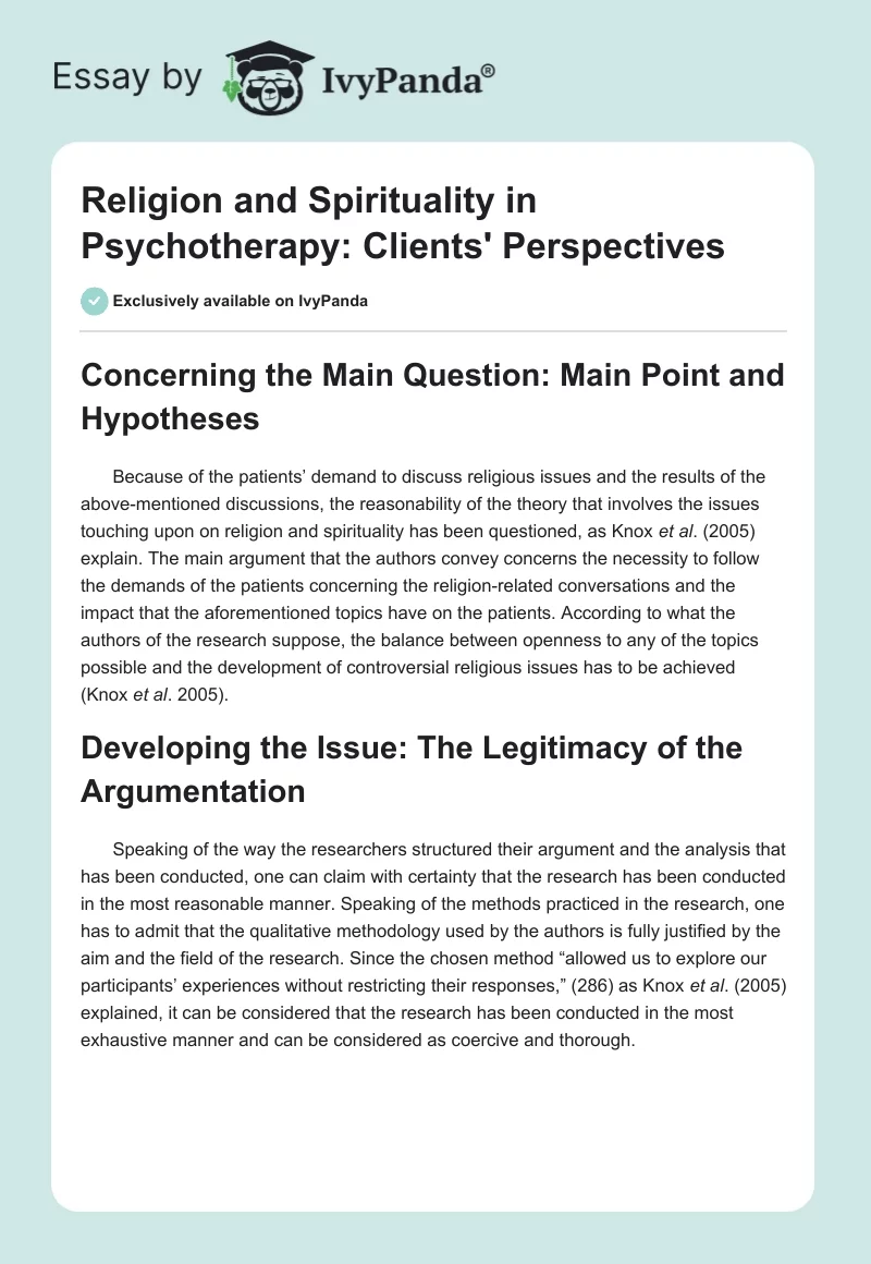 Religion and Spirituality in Psychotherapy: Clients' Perspectives. Page 1