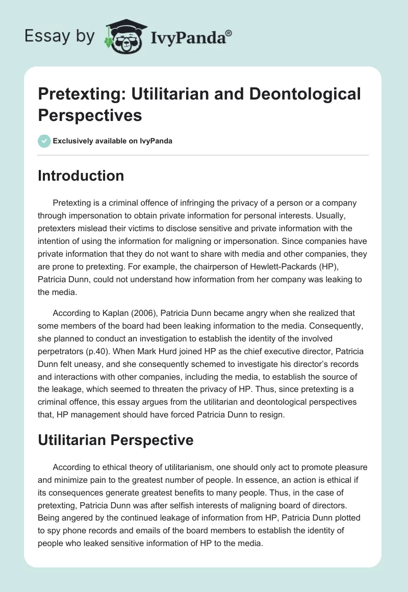 Pretexting: Utilitarian and Deontological Perspectives. Page 1