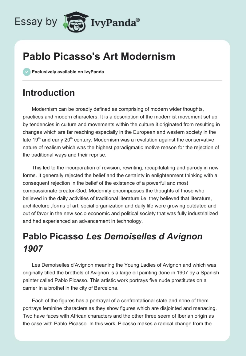 Pablo Picasso's Art Modernism. Page 1
