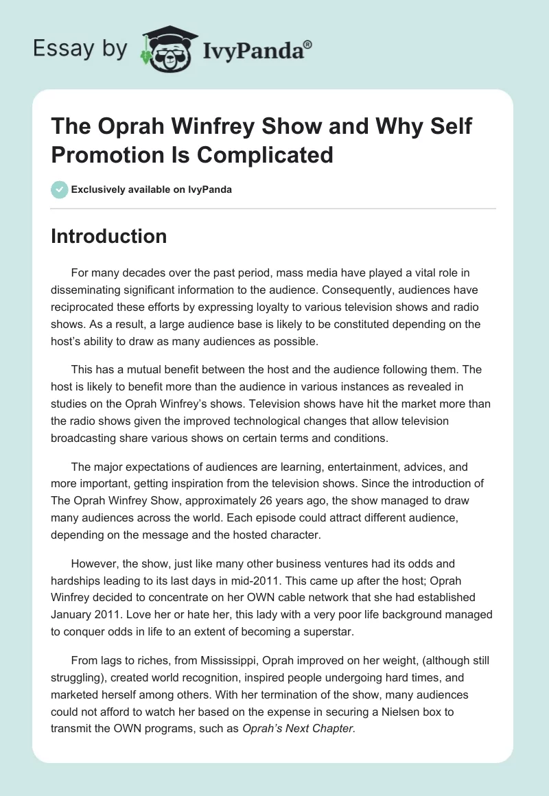 The Oprah Winfrey Show and Why Self Promotion Is Complicated. Page 1