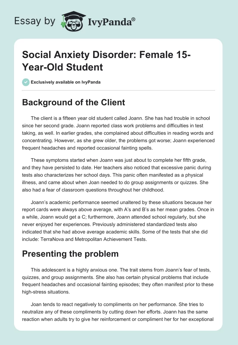 Social Anxiety Disorder: Female 15-Year-Old Student. Page 1
