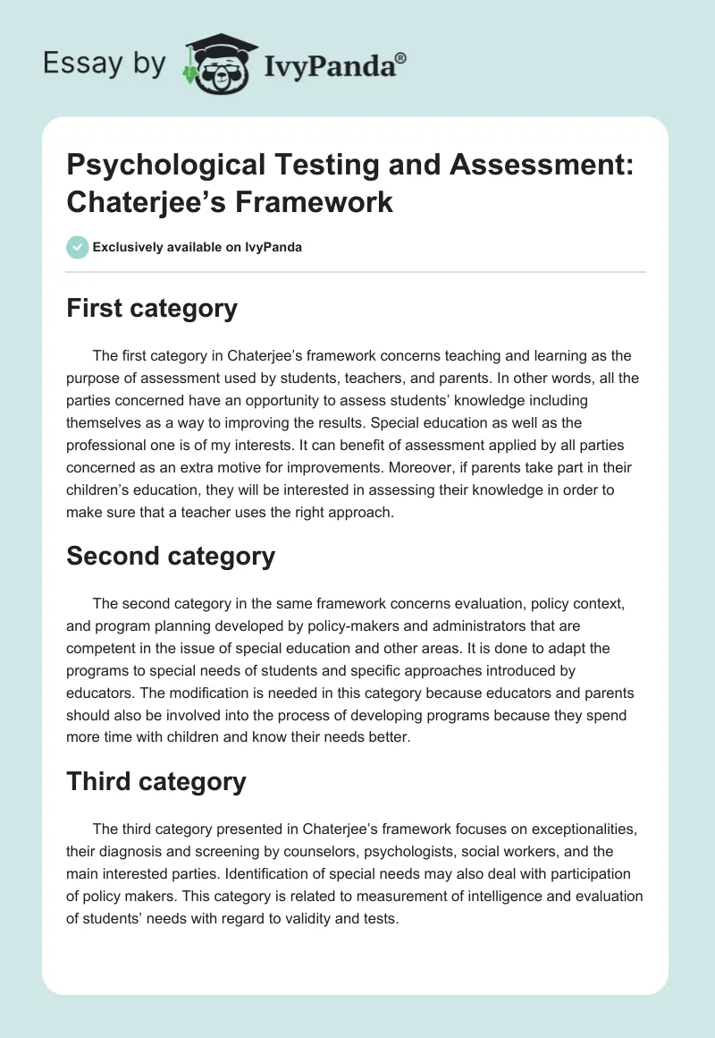 Psychological Testing and Assessment: Chaterjee’s Framework. Page 1