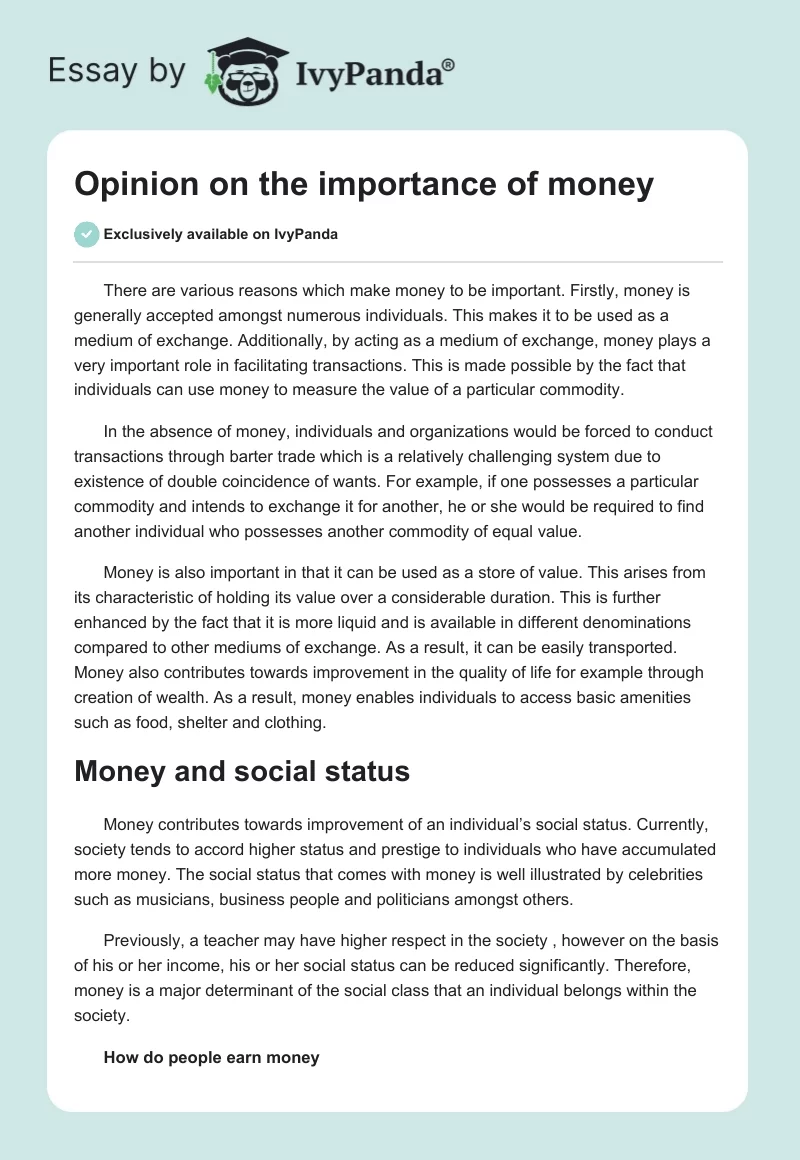 Opinion on the Importance of Money. Page 1