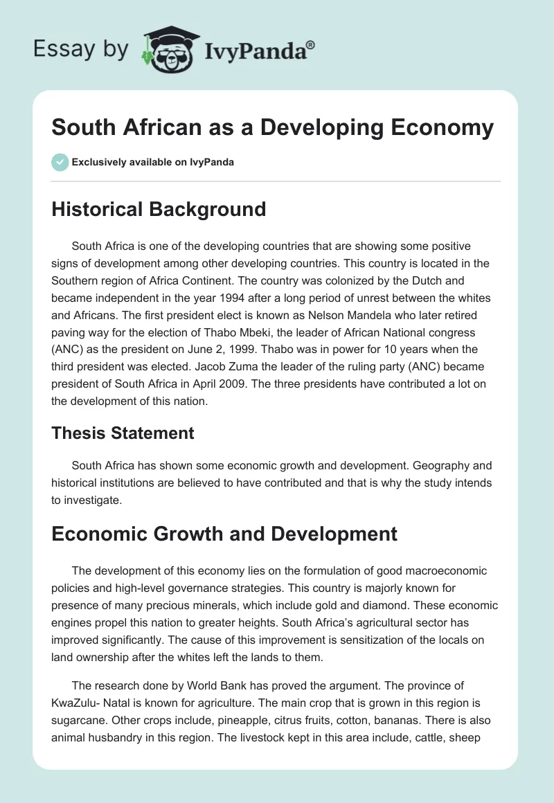 South African as a Developing Economy. Page 1