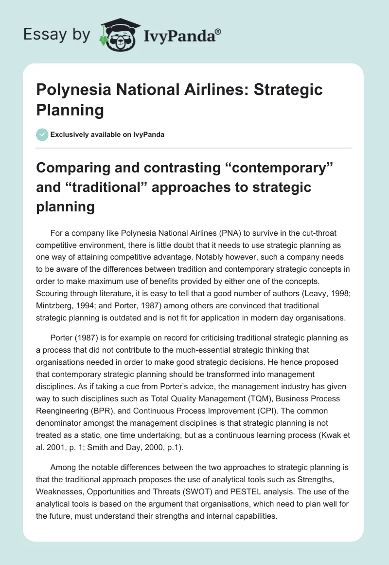 Polynesia National Airlines: Strategic Planning. Page 1