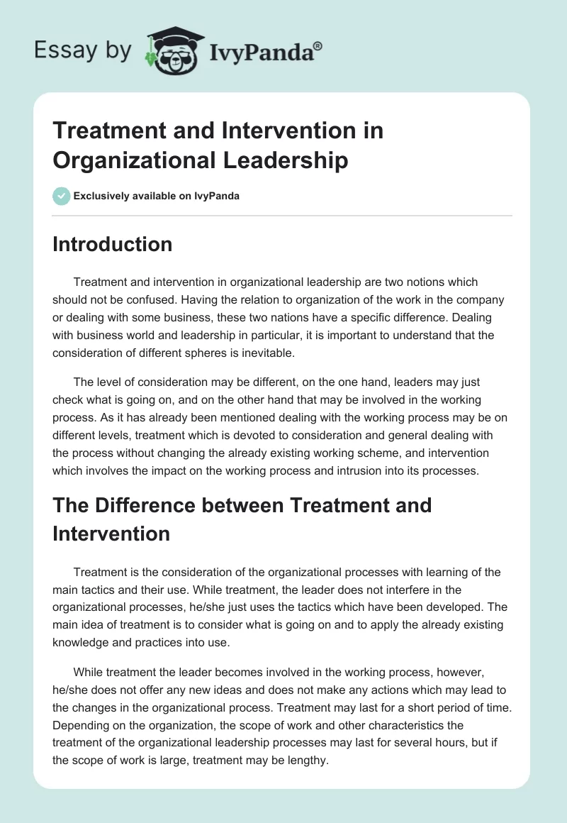 Treatment and Intervention in Organizational Leadership. Page 1