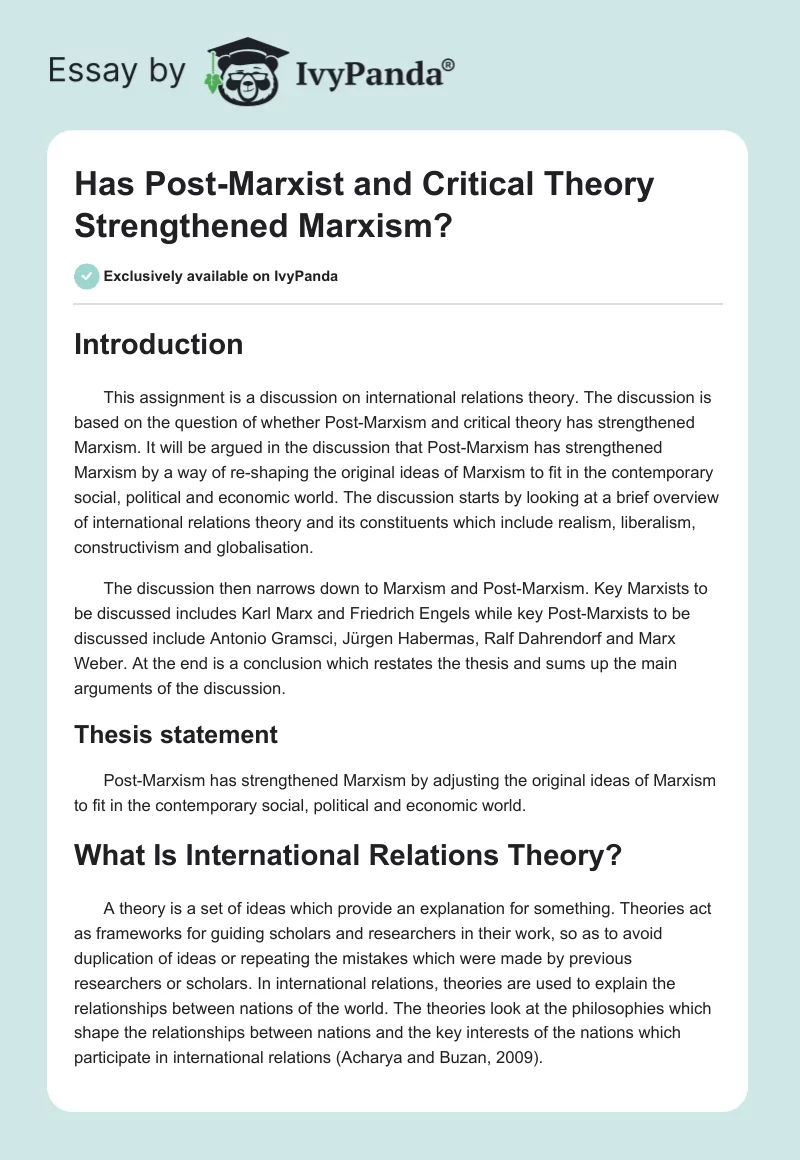Has Post-Marxist and Critical Theory Strengthened Marxism?. Page 1