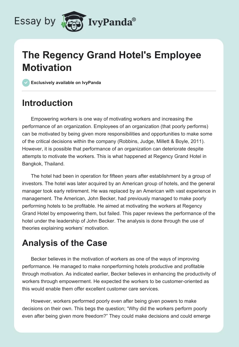 The Regency Grand Hotel's Employee Motivation. Page 1