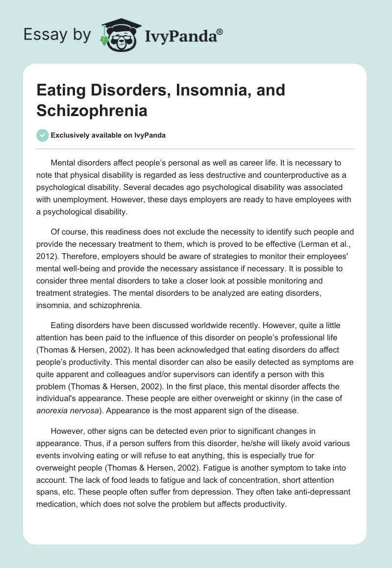 Eating Disorders, Insomnia, and Schizophrenia. Page 1