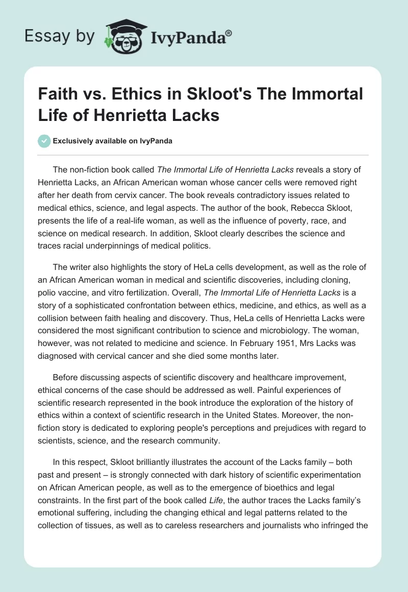 Faith vs. Ethics in Skloot's "The Immortal Life of Henrietta Lacks". Page 1