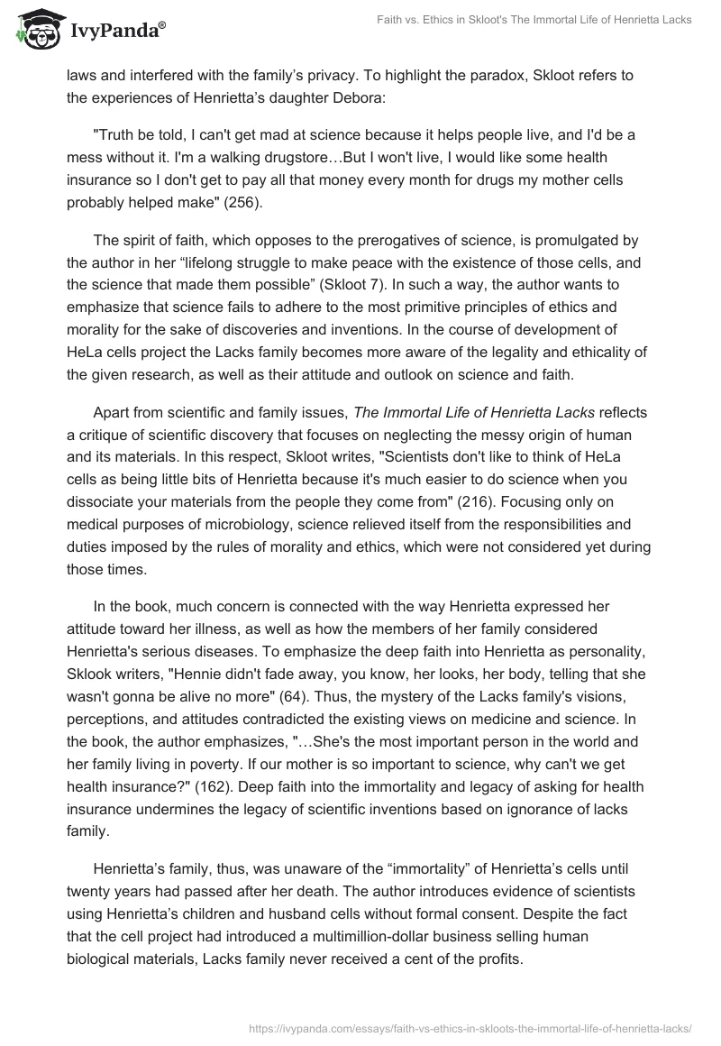 Faith vs. Ethics in Skloot's "The Immortal Life of Henrietta Lacks". Page 2