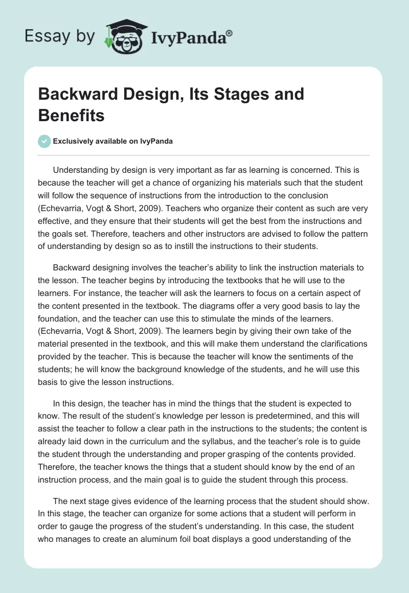Backward Design, Its Stages and Benefits. Page 1
