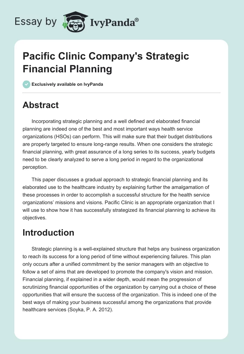 Pacific Clinic Company's Strategic Financial Planning. Page 1