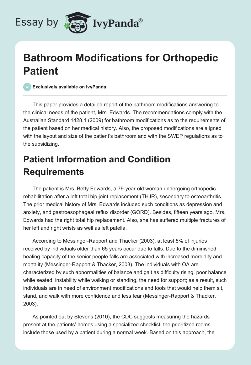 Bathroom Modifications for Orthopedic Patient. Page 1