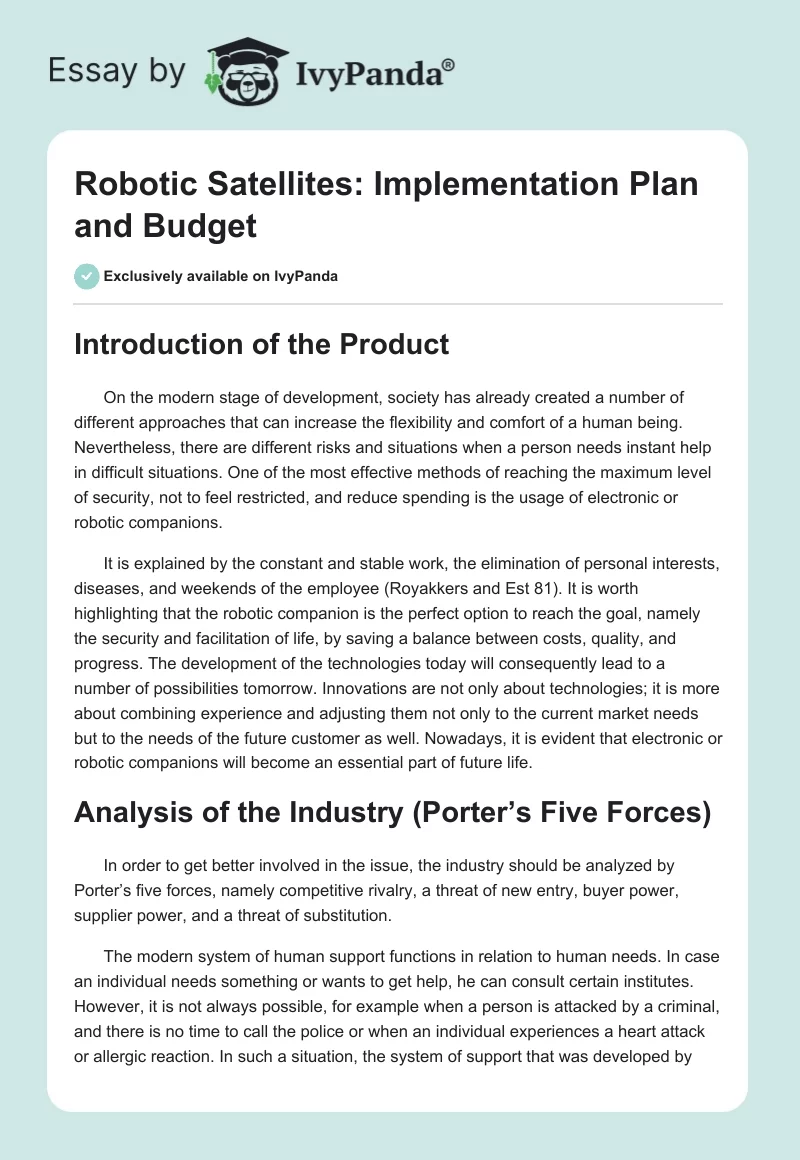 Robotic Satellites: Implementation Plan and Budget. Page 1