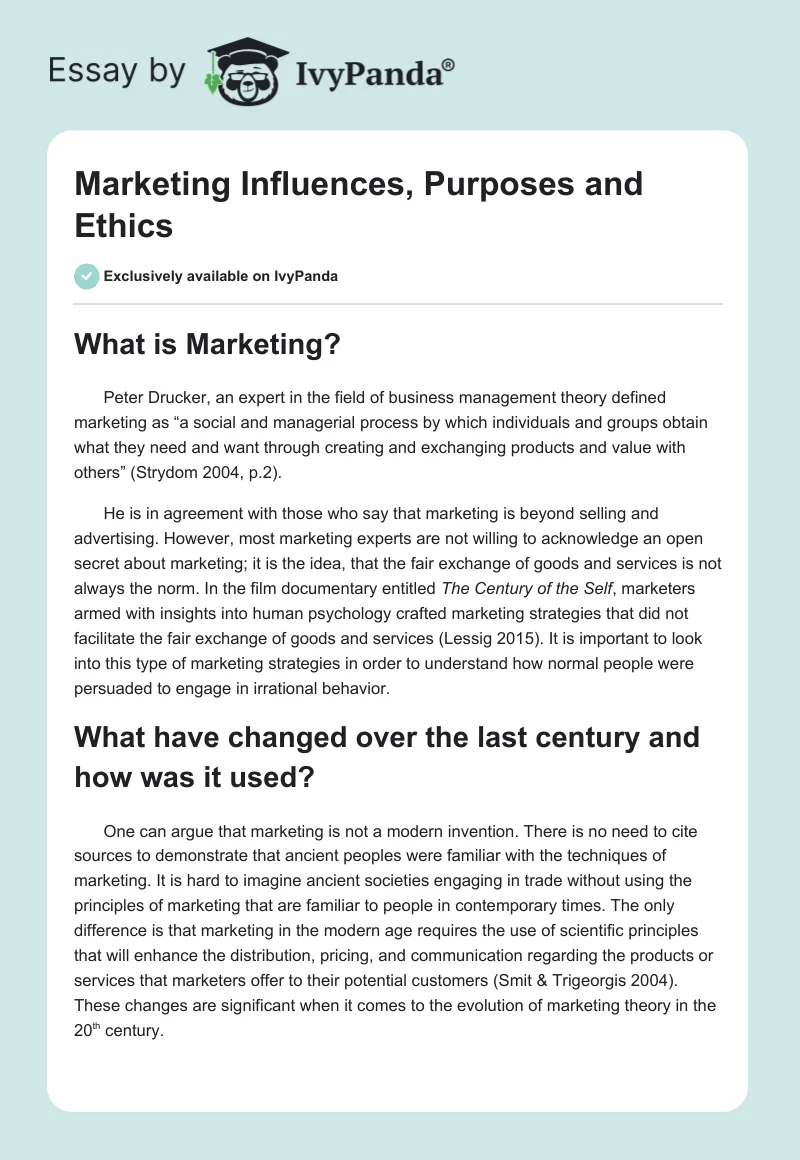 Marketing Influences, Purposes and Ethics. Page 1