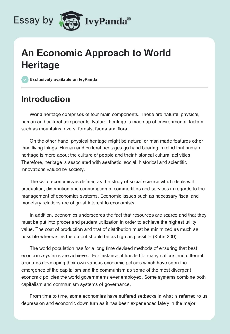 An Economic Approach to World Heritage. Page 1