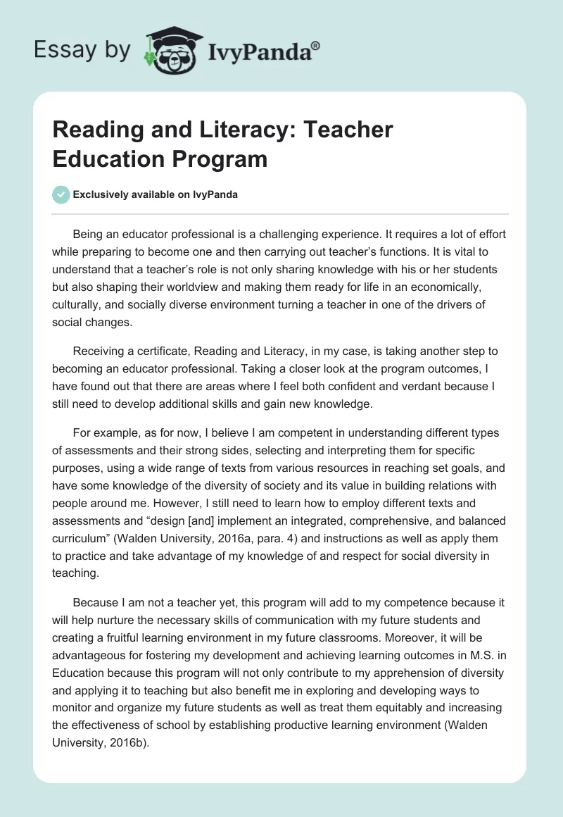 Reading and Literacy: Teacher Education Program. Page 1
