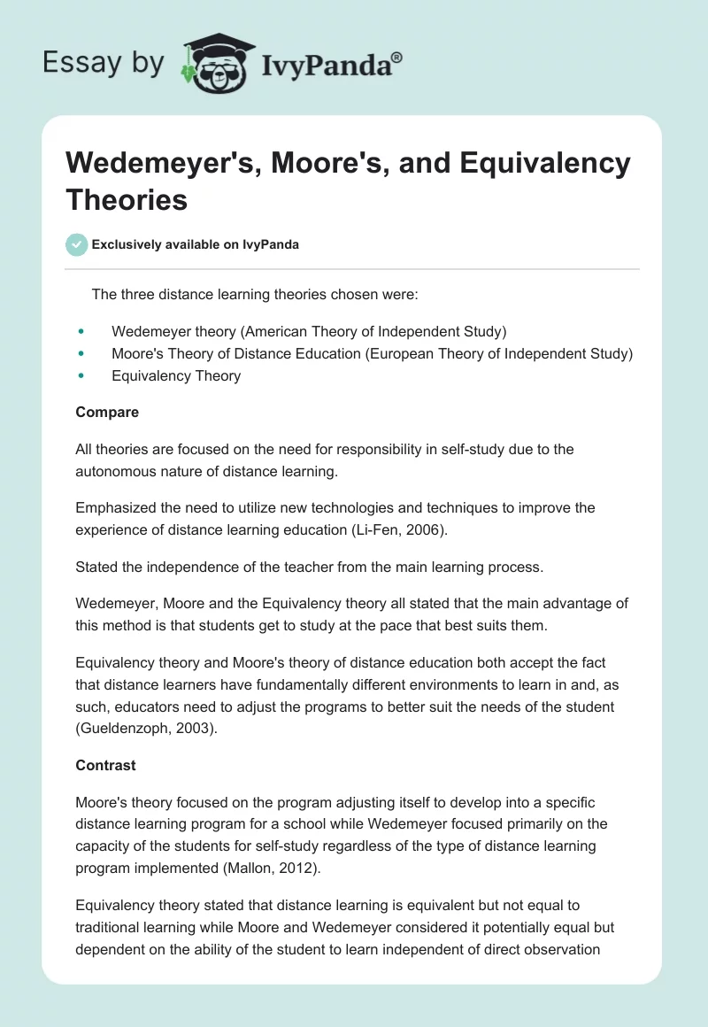 Wedemeyer's, Moore's, and Equivalency Theories. Page 1