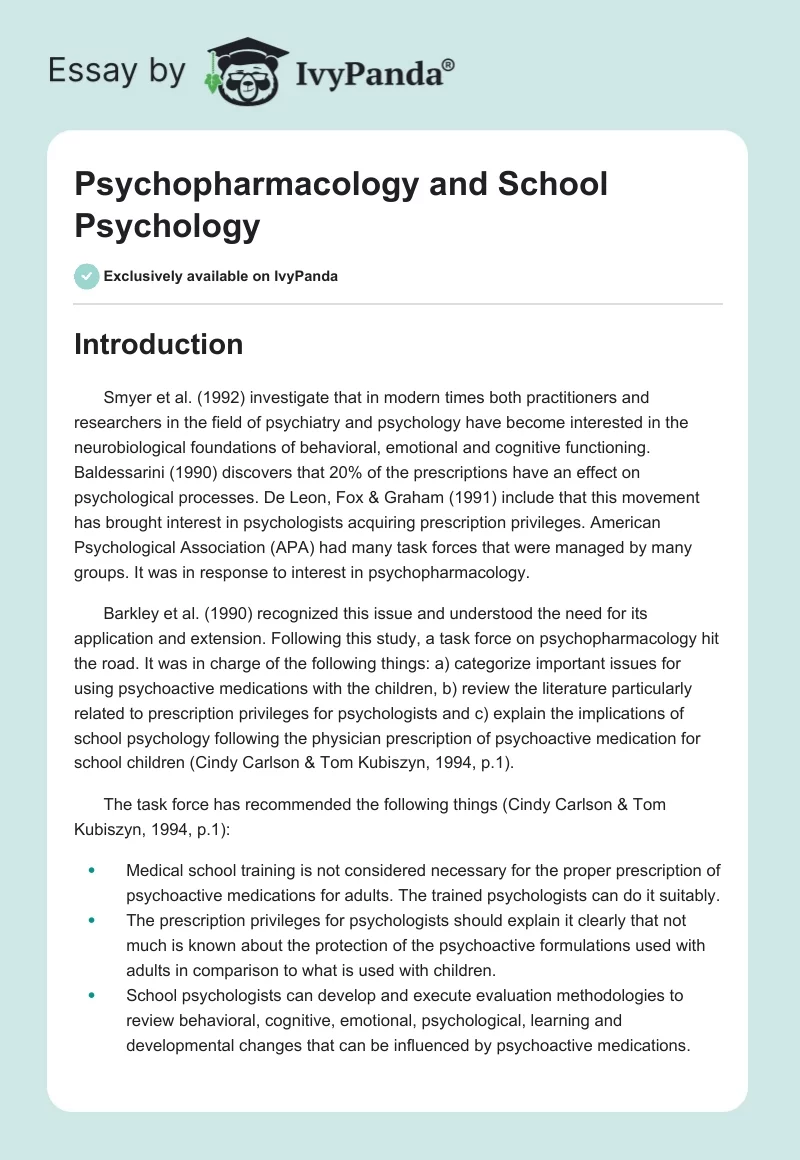 Psychopharmacology and School Psychology. Page 1