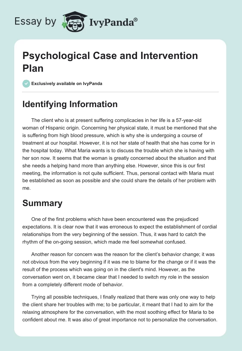 Psychological Case and Intervention Plan. Page 1