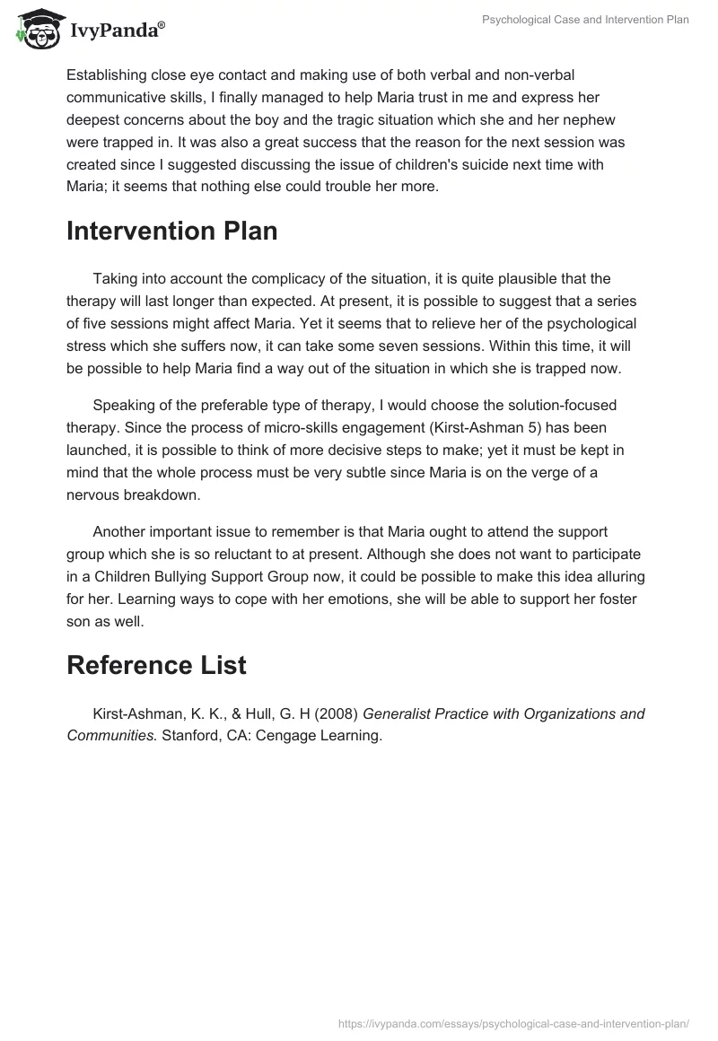 Psychological Case and Intervention Plan. Page 2