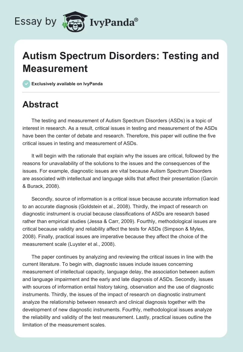 Autism Spectrum Disorders: Testing and Measurement. Page 1