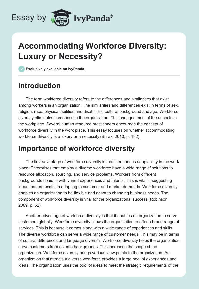 Accommodating Workforce Diversity: Luxury or Necessity?. Page 1